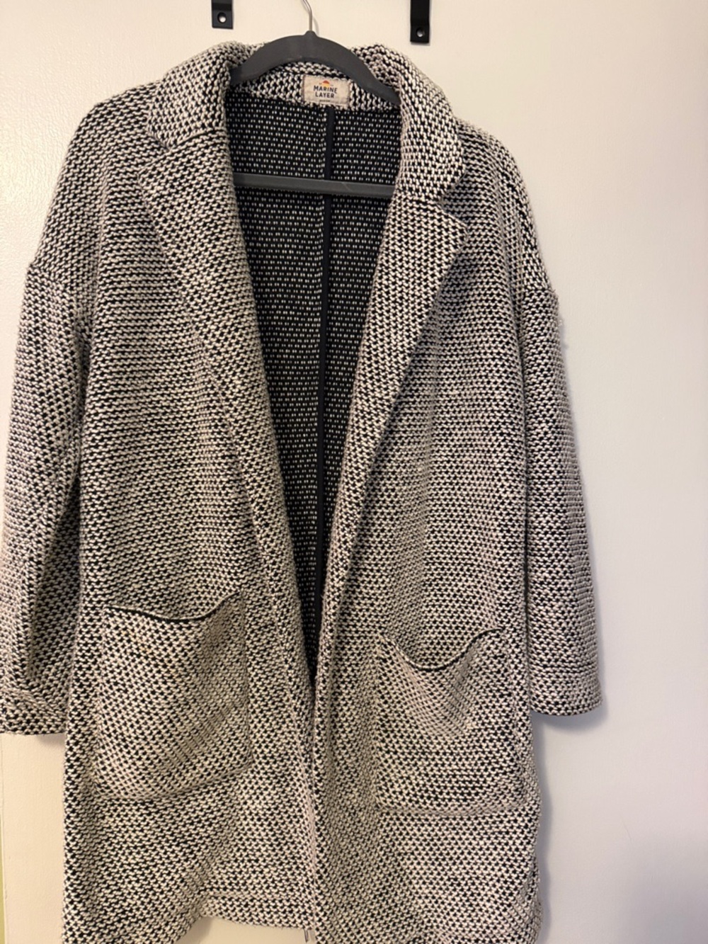 Marine Layer Black and White Knit Open Cardigan with Pockets